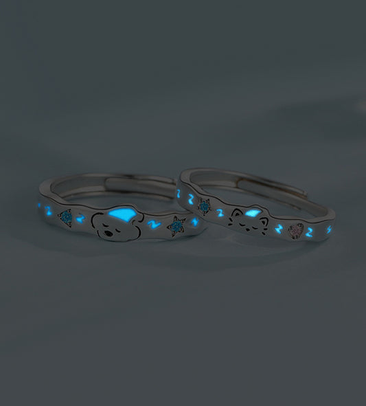 Luminous Sleeping Bear & Cat 925 Sterling Silver Couples Rings Set | Adjustable Glow in the Dark Matching Jewelry