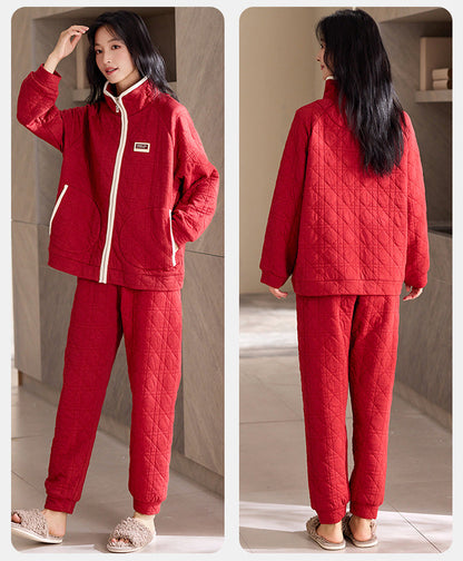 Festive Quilted Couple Pajamas – Red Air Cotton Zip-Up Set by Gullei