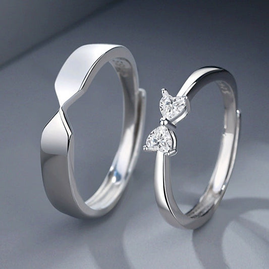 Solid Sterling Silver Bow Rings Set for Two - Adjustable Size