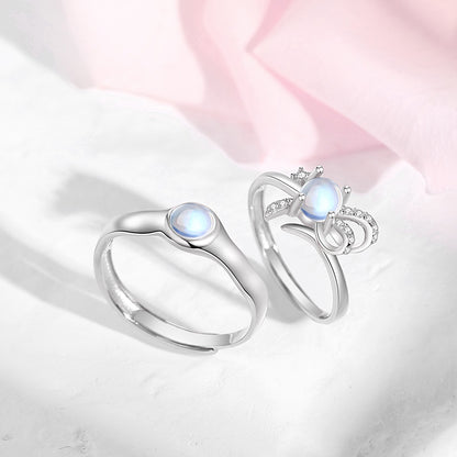 Engraved Moonstone Promise Rings Set for Couples