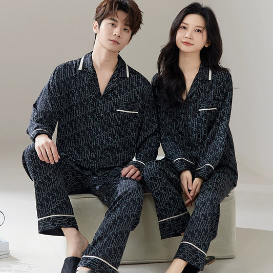 Luxury Monogram Faux Silk Couple Pajamas – Fashion-Forward Matching Sleepwear