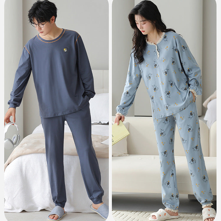Blue Cartoon Waffle Cotton Couple Pajamas