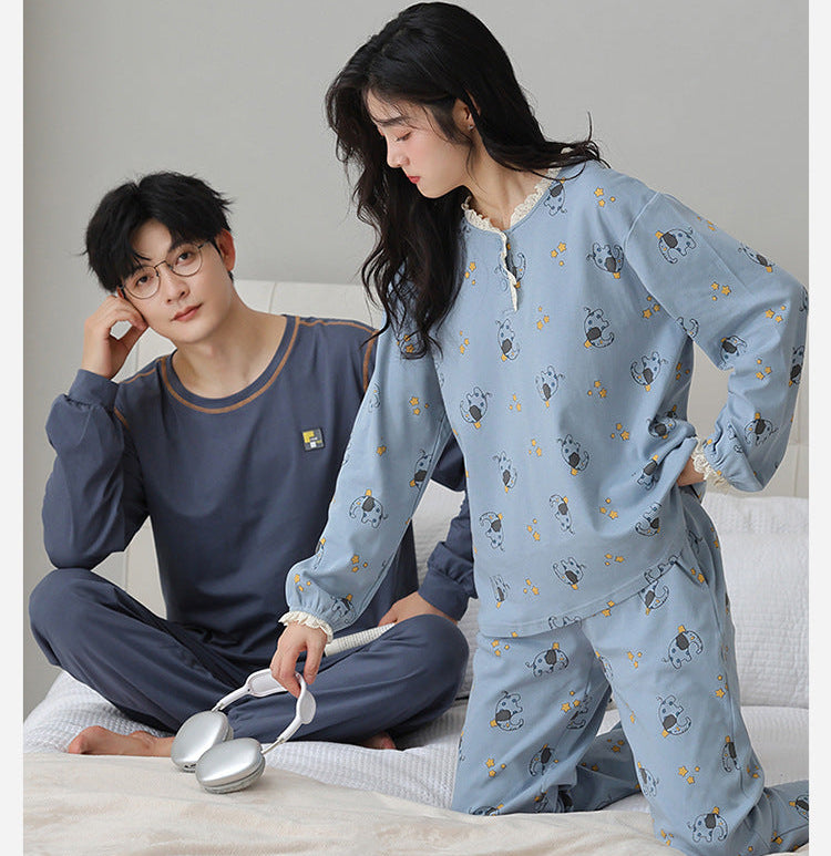 Blue Cartoon Waffle Cotton Couple Pajamas
