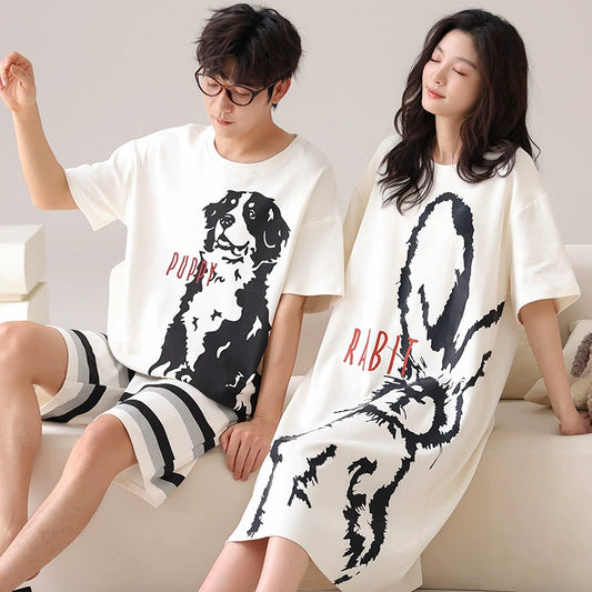 Whimsical Comfort: 100% Cotton Puppy & Rabbit Couple Set