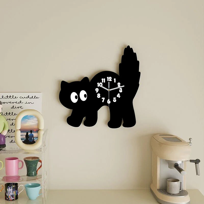 Black Cat Kids Bedroom Silent Wall Clock – Playful Feline Design