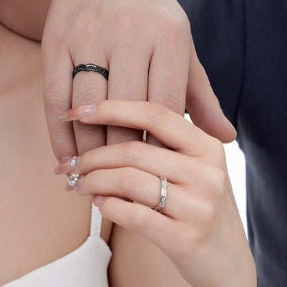 Engraved Black and Silver Adjustable Rings Set for Couples