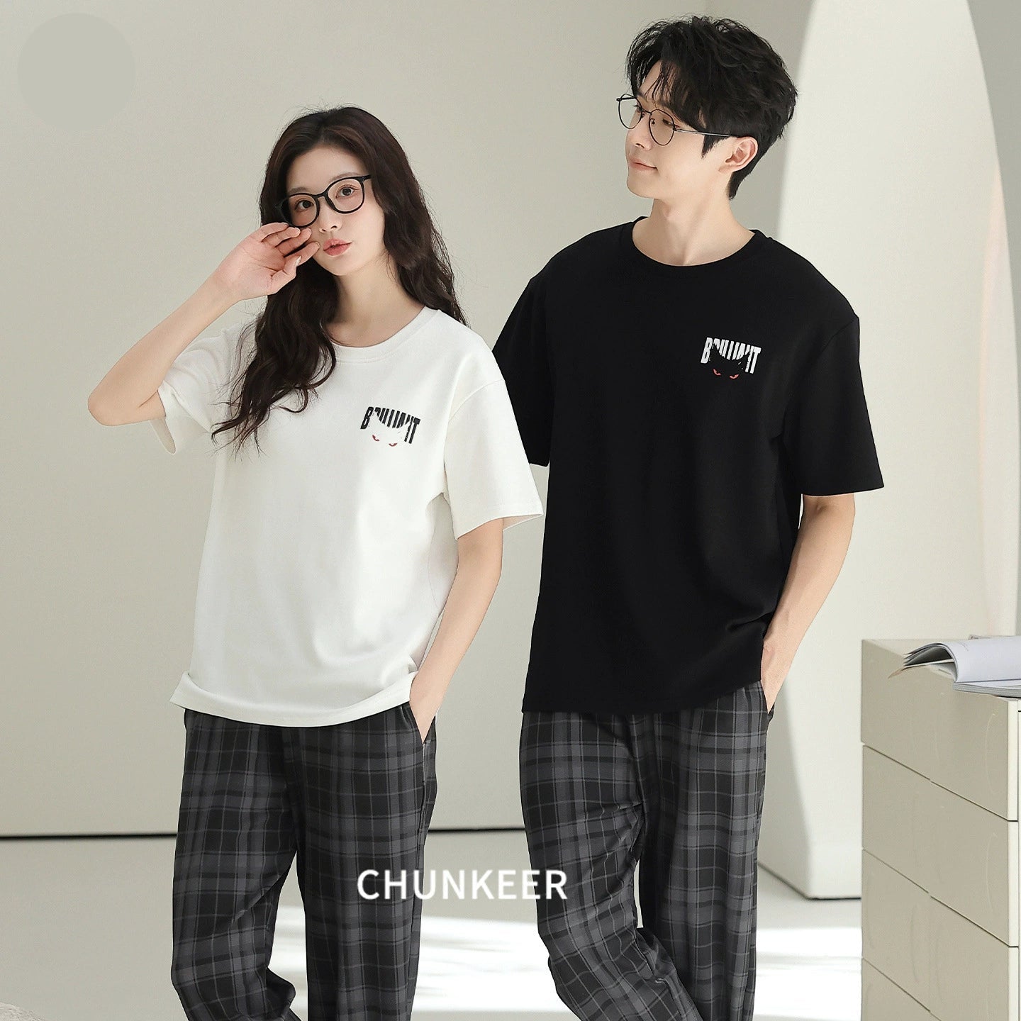 Youthful Plaid & Graphic Cotton Couple Lounge Set