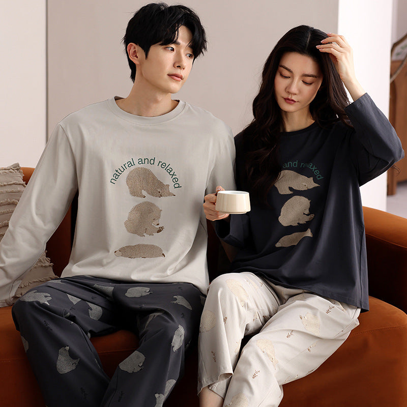 Matching Couple Pajamas Set – 100% Cotton Embroidered Bear Print