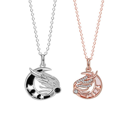Engraved Matching Wings Moon Couple Necklaces Set
