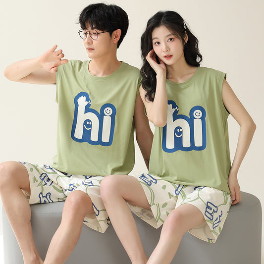 Playful Minimalist Couple Pajamas – Cotton "Hi" Print Lounge Set by Gullei