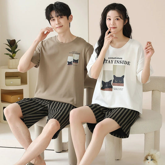 Cat Print Couple PJs - Matching 100% Cotton Summer Set