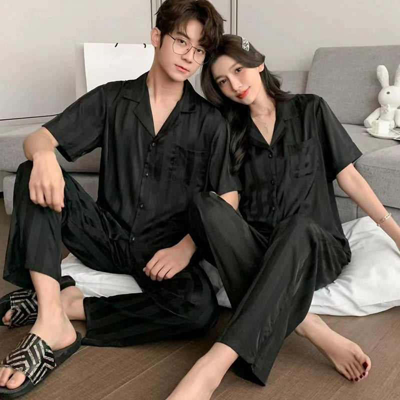 Minimalist Elegant Faux Silk Couple Pajamas – Stylish Black Satin Sleepwear Set by Gullei
