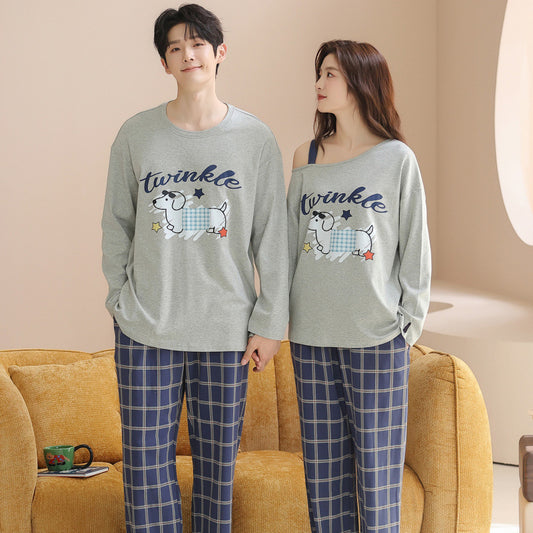 Matching Couple Pajamas Set – Cartoon Dog Print, Soft Cotton & Stretch