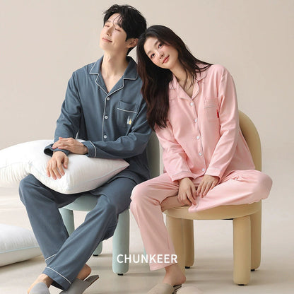 Classic Cotton Contrast Piping Couple Pajamas - 100% Natural Cotton