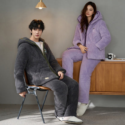 Minimalist Quilted Coral Fleece Couple Pajamas – Cozy Winter Set