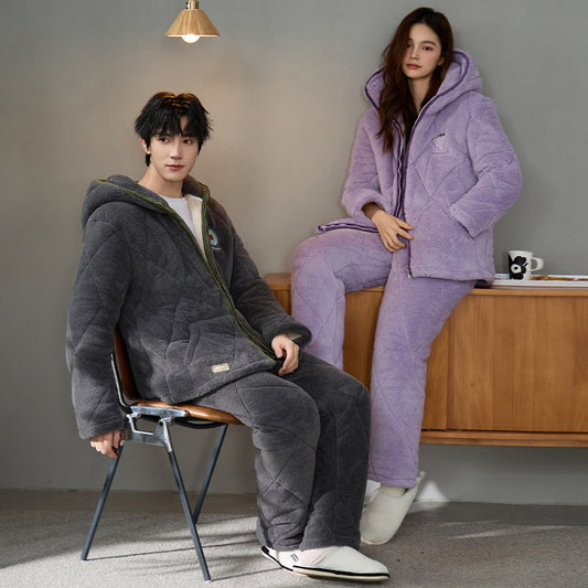 Minimalist Quilted Coral Fleece Couple Pajamas – Cozy Winter Set