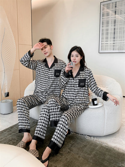 Houndstooth Faux Silk Couple Pajamas – Retro Luxury