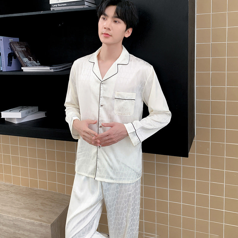 Matching Couple Pajamas – Geometric Jacquard Faux Silk Set for Couples