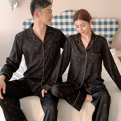 Romantic Minimalist Faux Silk Couple Pajamas – Heart Print Luxury Sleepwear Set by Gullei