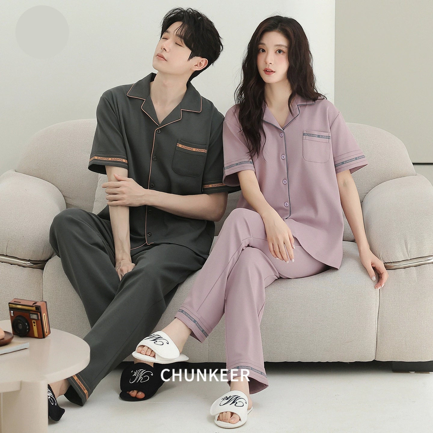 Minimalist Contrast Piping Cotton Couple Pajamas