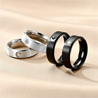 Sun and Moon Matching Promise Rings for Couples Black and Silver