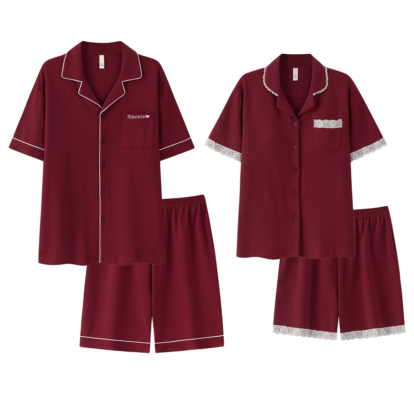 Elegant Lace Trim Cotton Couple Pajamas