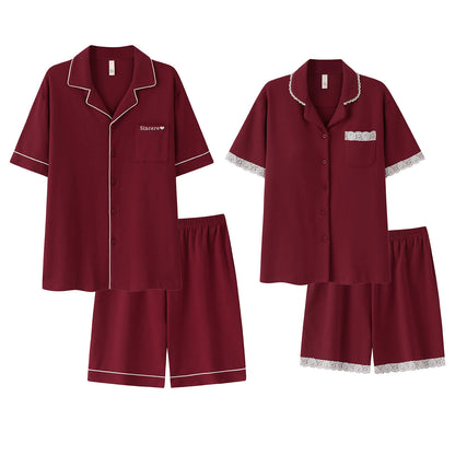 Elegant Lace Trim Cotton Couple Pajamas