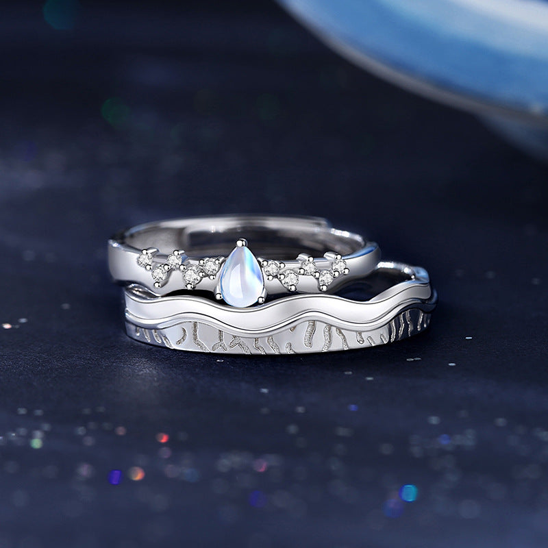 Engraved Moonstone Rings Set for Couples