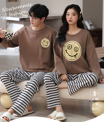 Playful Smiley Graphic Striped Couple Pajamas