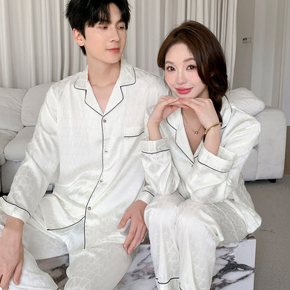 Matching Couple Pajamas – Geometric Jacquard Faux Silk Set for Couples