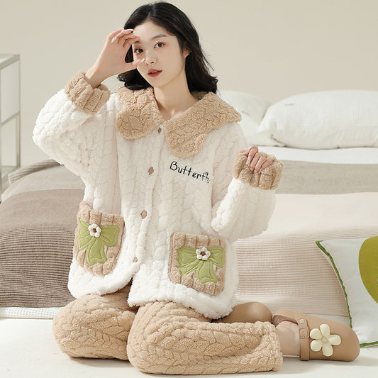 Women Pajamas Set – Plush Ribbon Applique Coral Fleece Pajamas