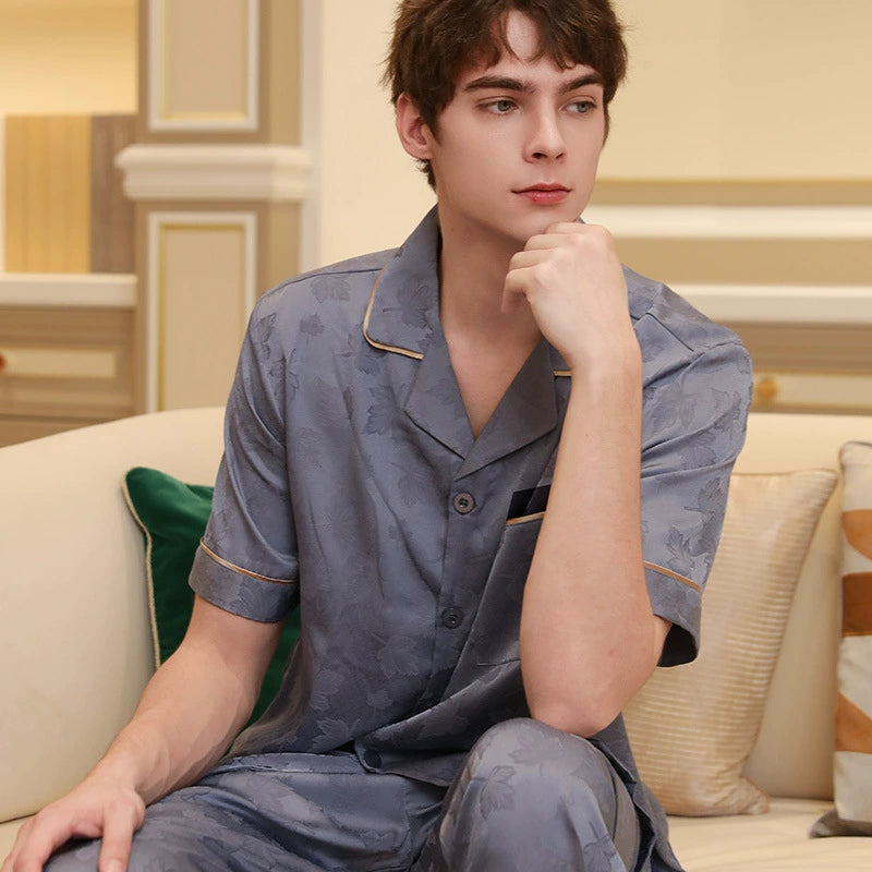 Elegant Floral Jacquard Satin Couple Pajamas