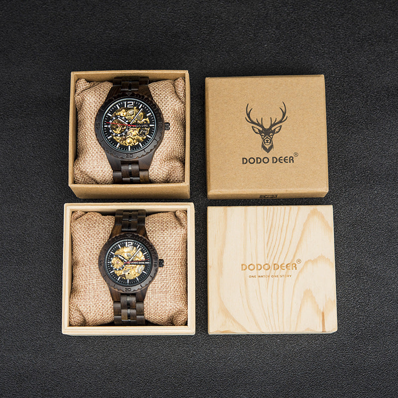 Engraved Matching Wood Couple Watch Set Skeleton Design