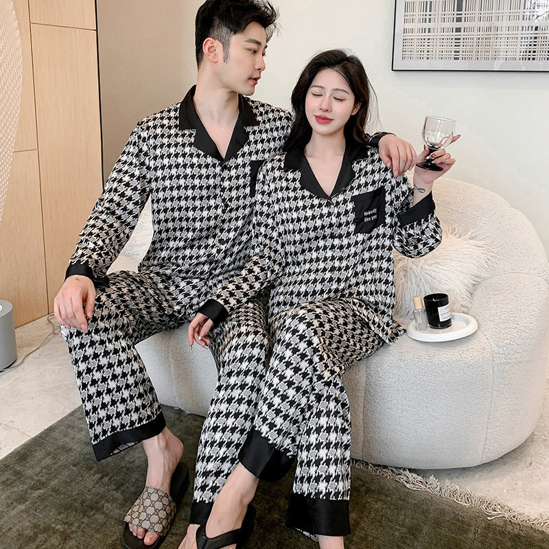 Houndstooth Faux Silk Couple Pajamas – Retro Luxury