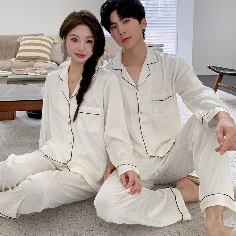 Matching Couple Pajamas – Geometric Jacquard Faux Silk Set for Couples