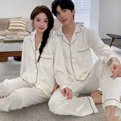 Matching Couple Pajamas – Geometric Jacquard Faux Silk Set for Couples