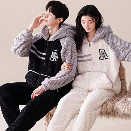 Thickened Flannel Couples Hoodie Pajamas Set