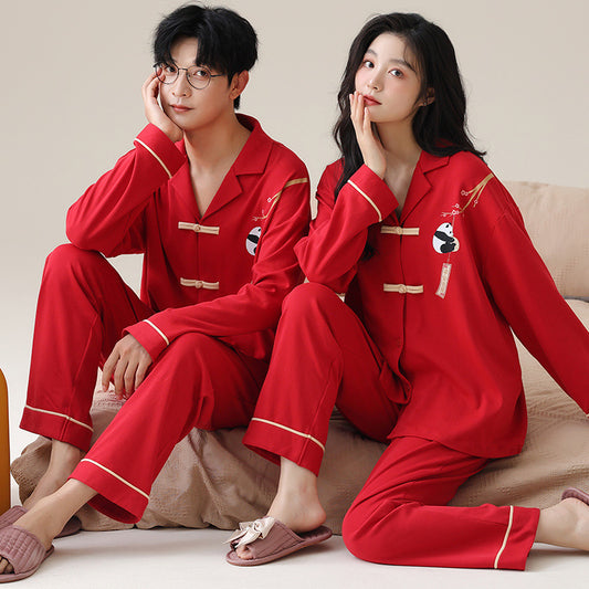 Red Chinese Couples 4-Piece Pajamas Set 100% Cotton