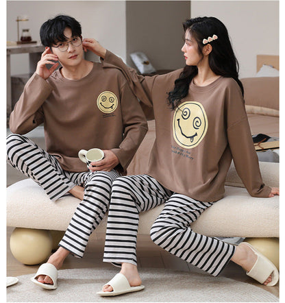 Playful Smiley Graphic Striped Couple Pajamas