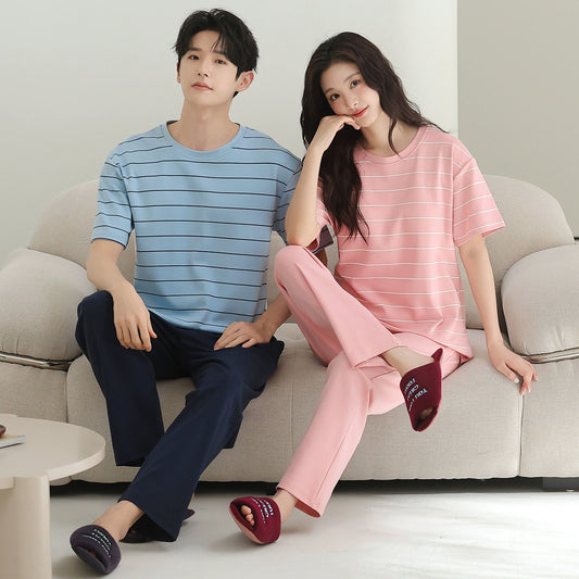 Sporty Striped Cotton Couple Lounge Set