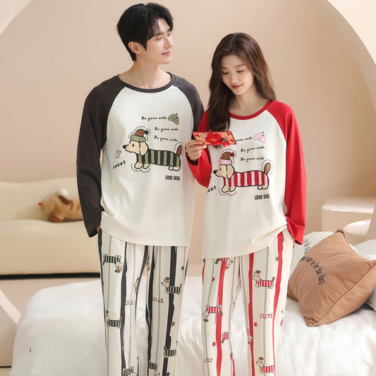 Matching Couple Pajamas Set – Cartoon Dog Print, Soft Cotton & Stretch