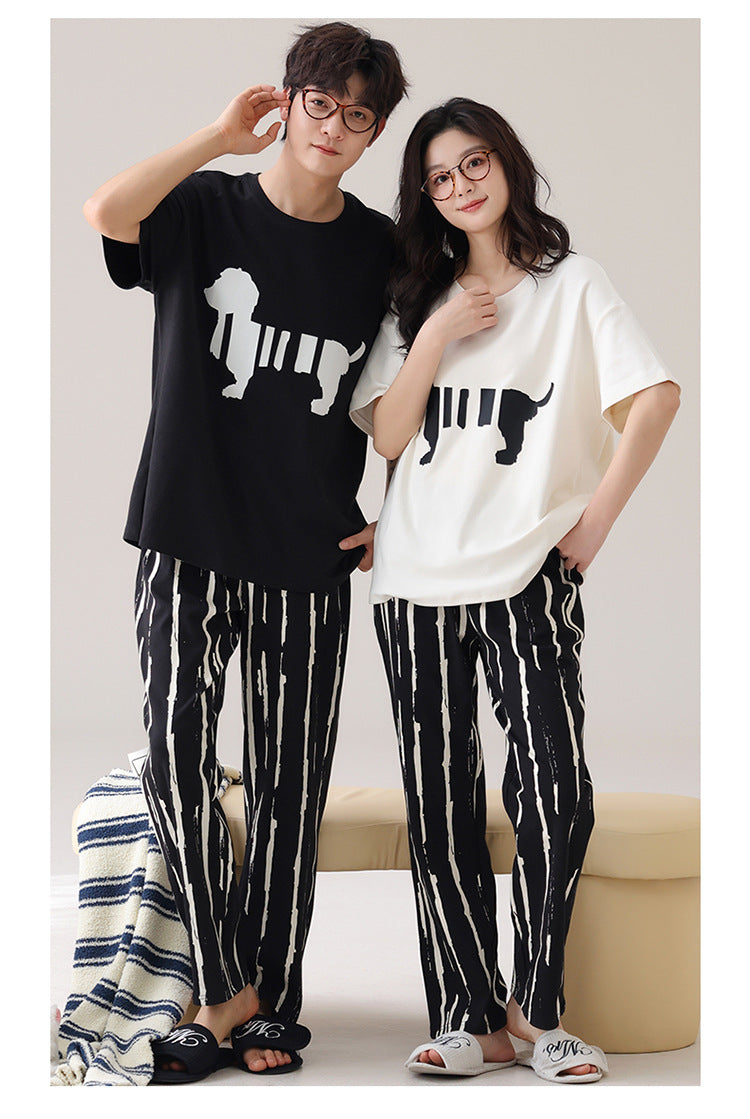 Cute Puppy Couple Pajamas - Cotton Short Sleeve Long Pants
