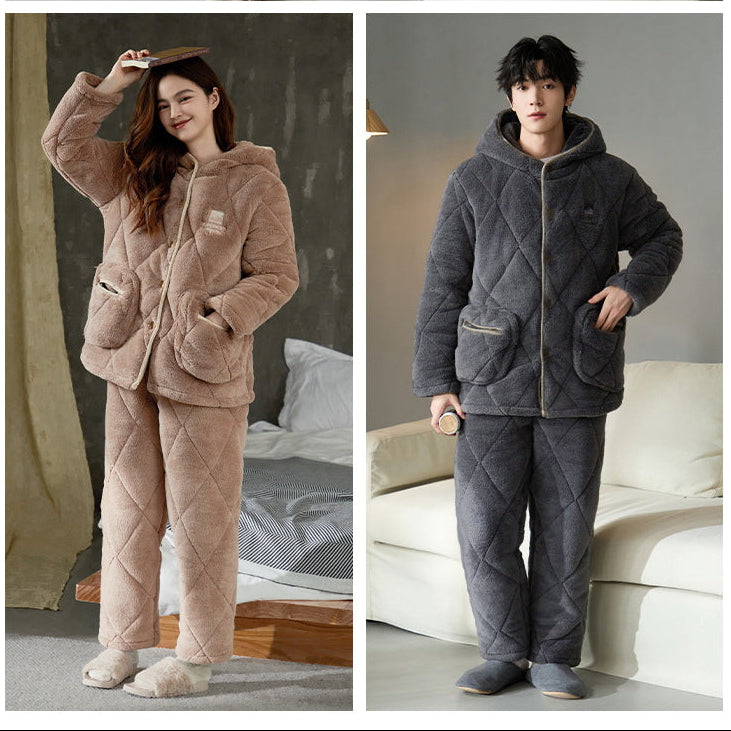Matching Pajamas – Hooded Quilted Fleece Set, 3-Layer Warmth