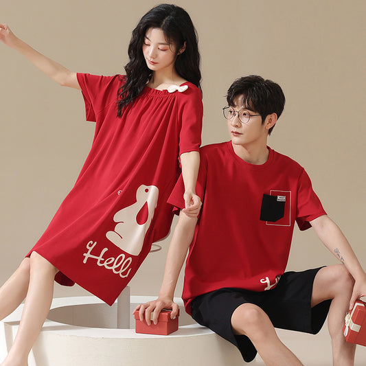 Cute Red Summer Pajamas for Couples Pure Cotton