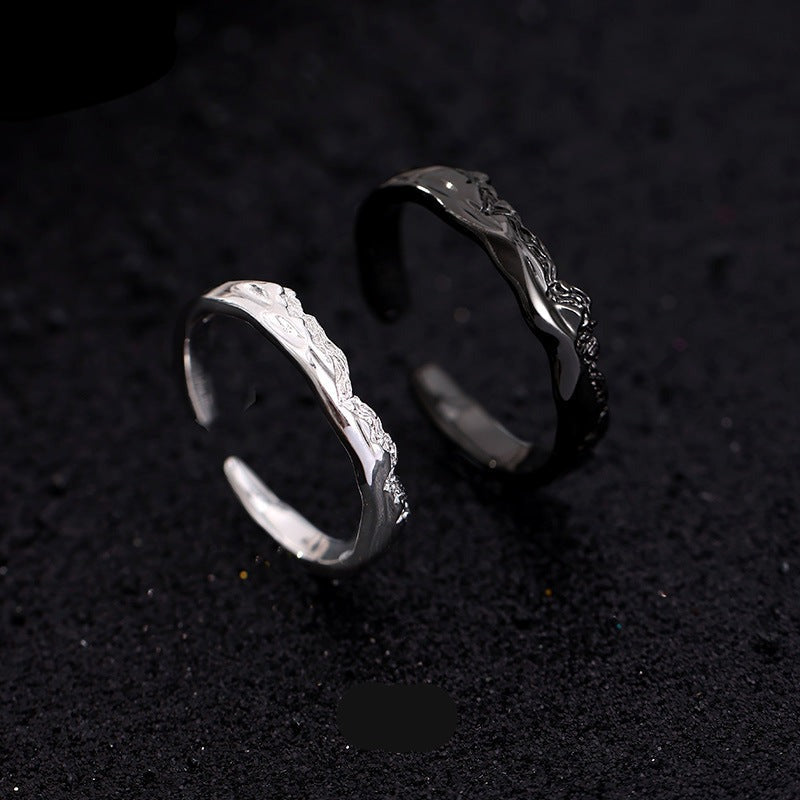 Engraved Black and Silver Adjustable Rings Set for Couples