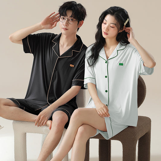 Korean Style Modal Couple Pajamas - Short Sleeve Button-Down