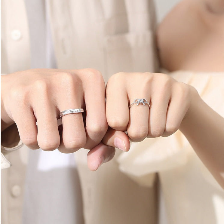 Sterling Silver Bow Couple Rings Set - Adjustable Size