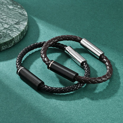Custom Engraved Mens Magnetic Bracelets Black Leather 8.5 Inches
