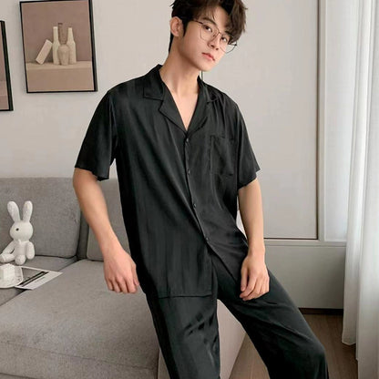 Minimalist Elegant Faux Silk Couple Pajamas – Stylish Black Satin Sleepwear Set by Gullei
