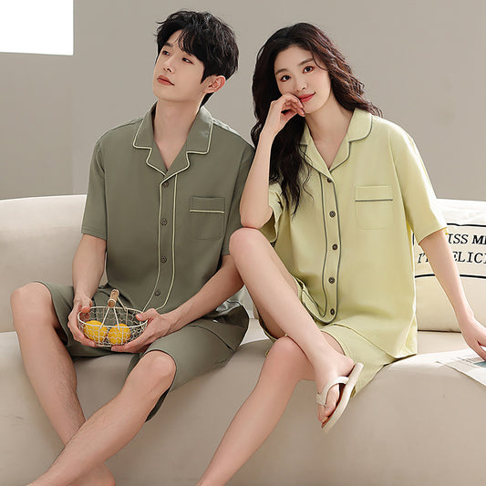 Soft Cotton Couple PJs - Short Sleeve Cardigan Style